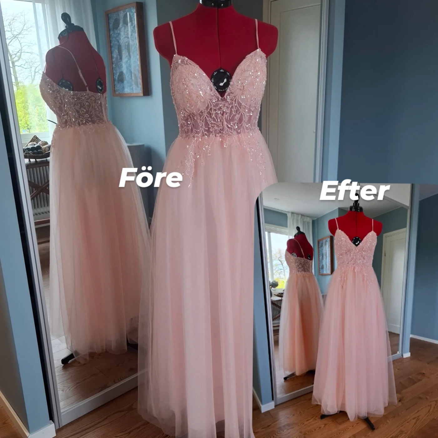 Före och efter: rosa balklänning med paljetter ändrad i midjan