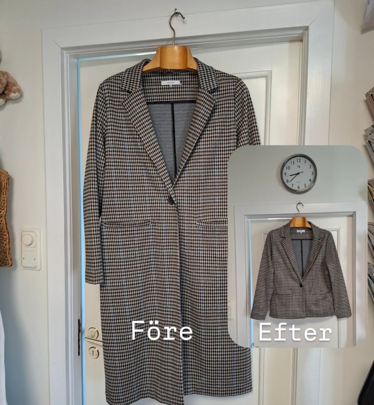 Före och efter: lång rutig kappa omsydd till kavaj hos Trim och Tråd